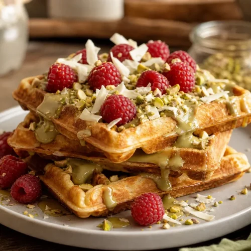 Recette gaufres pistache framboise et chocolat blanc