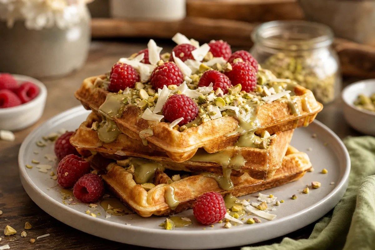 Recette gaufres pistache framboise et chocolat blanc